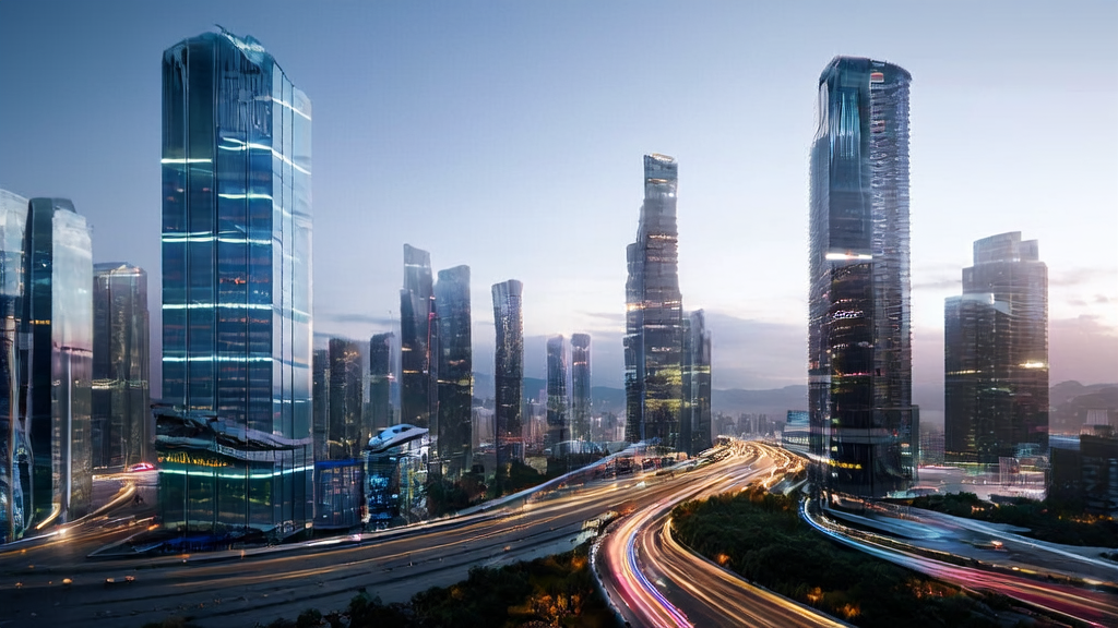 Future cityscape with cross-border e-commerce company leveraging AI for growth breakthrough