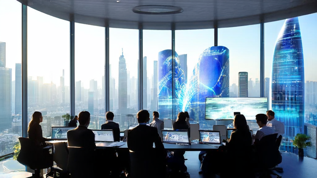 未来城市中的跨境电商公司利用AI技术进行精准获客,团队成员热烈讨论2025年增长策略