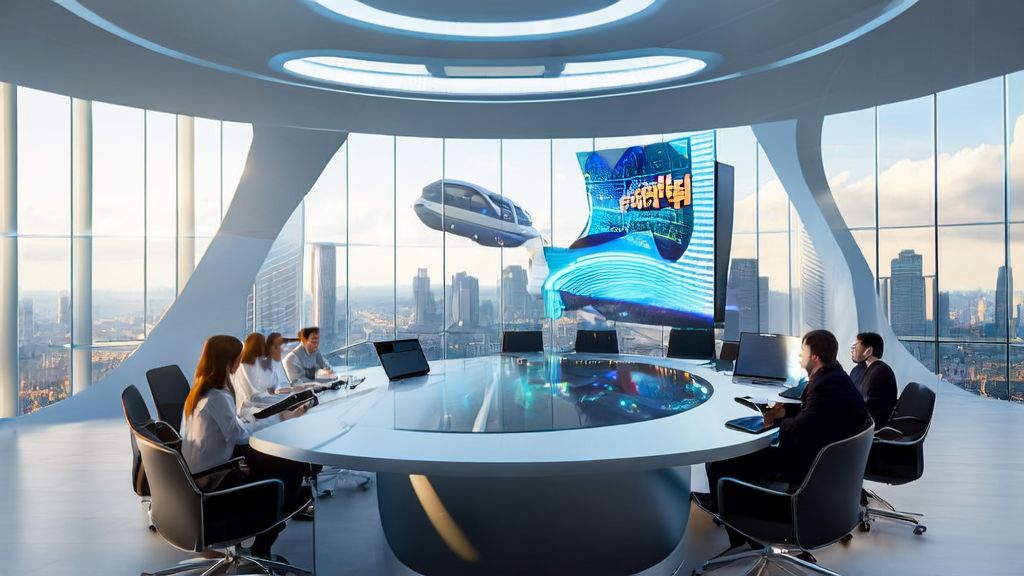 未来城市的现代化办公楼内,跨境电商团队正在讨论2025年AI优化广告投放策略,以实现低成本高回报。