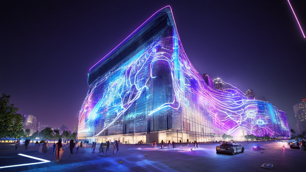未来城市的跨境电商大楼，展示了高通AI芯片和智能广告技术的应用