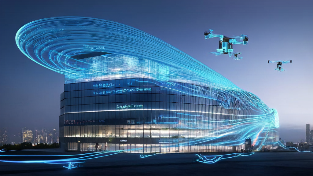 A futuristic cross-border e-commerce building where employees are using AI tools for multilingual content generation, customer prediction, and ad optimization.