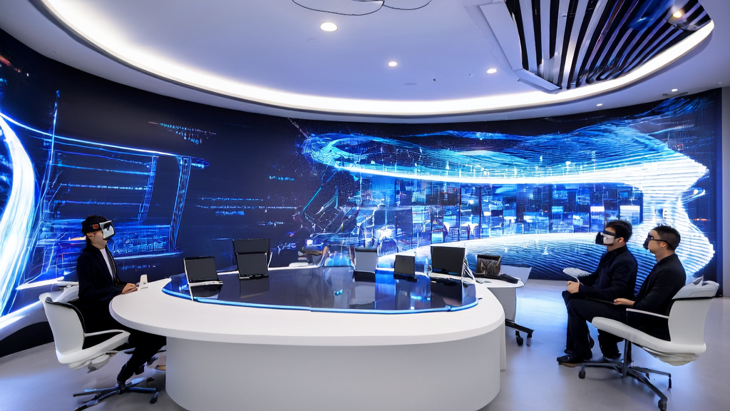 Future city cross-border e-commerce office showcasing AI customer prediction models and Seedream 4.5 multi-image consistency graphics