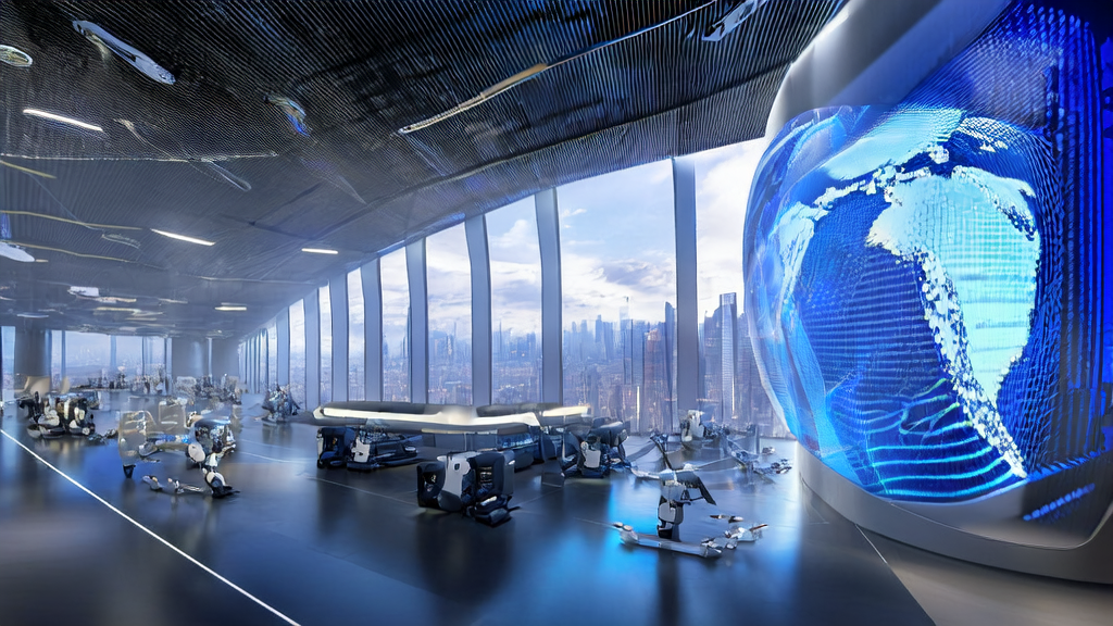 A futuristic cross-border e-commerce office with AI technology, featuring robots and real-time data analysis screens
