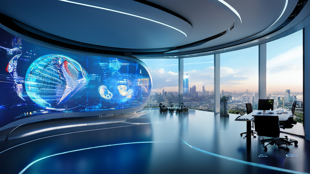 Interior of a futuristic cross-border e-commerce office showcasing AI-driven customer acquisition solutions and global market data