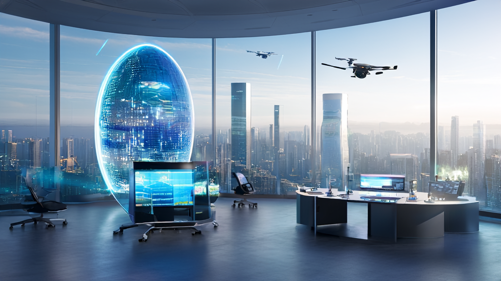 未来城市中的跨境电商办公室，AI机器人处理多语言营销内容，智能设备更新客户预测模型，阳光照亮现代化工作环境。