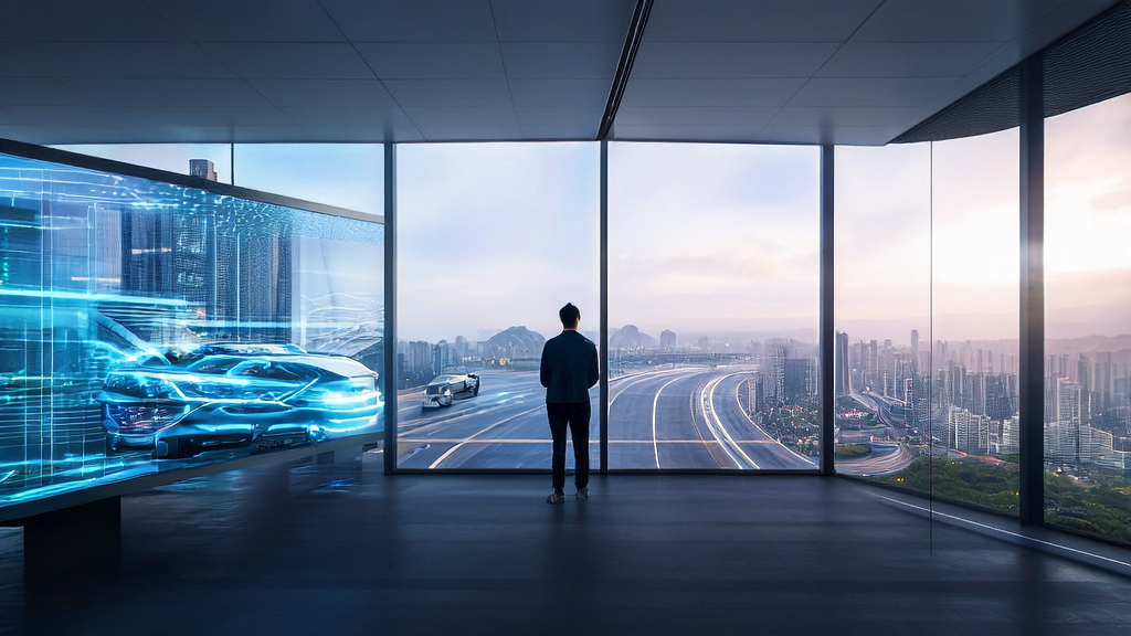 In a futuristic city, a young entrepreneur leverages AI technology and powerful TPU computing capabilities for efficient cross-border commerce customer acquisition and screening optimization.