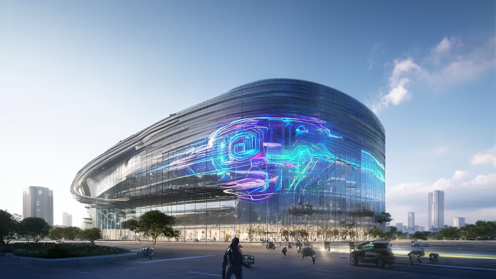 A modern cross-border e-commerce building in a future city, showcasing the application of AI technology in business