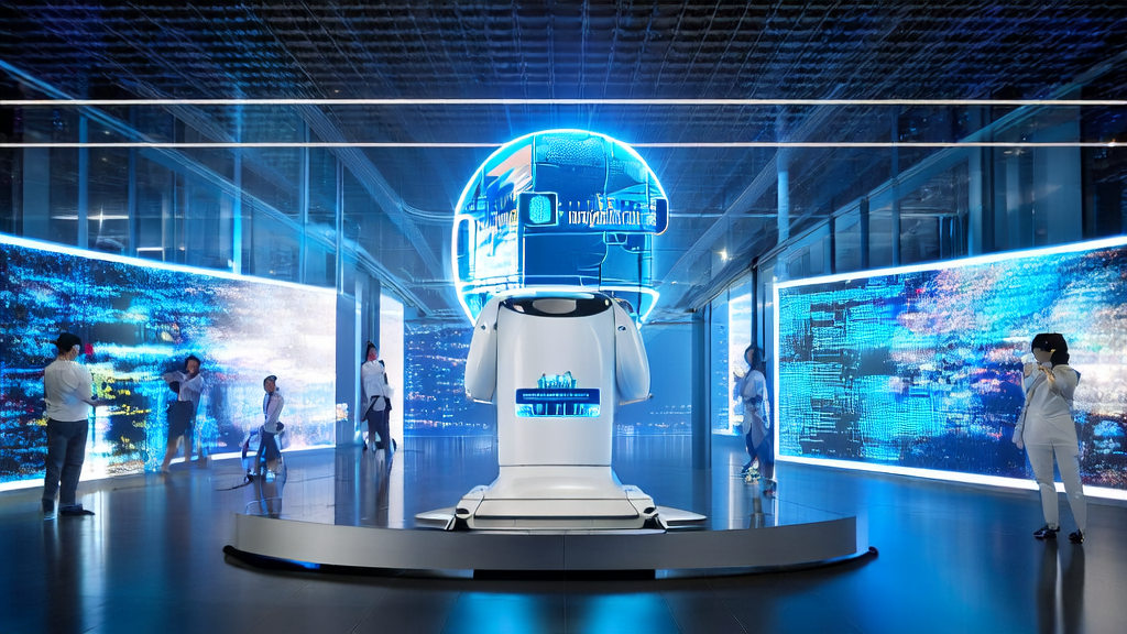 Scene of a cross-border e-commerce company using AI technology for efficient customer acquisition in a futuristic city