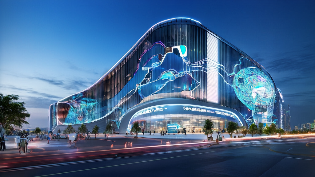 未来城市的跨境电商大楼,展示AI技术如何帮助突破增长瓶颈