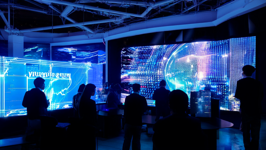 A cross-border e-commerce team in a futuristic city analyzing global market data using AI technology