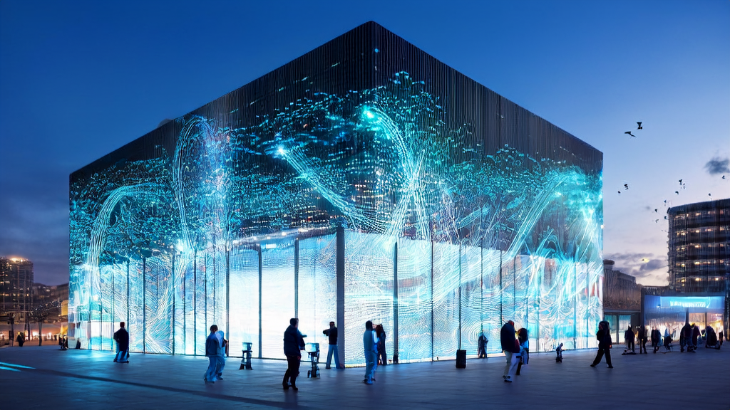 Headquarters of a cross-border e-commerce company in a futuristic city, showcasing the optimization and application of AI customer prediction models