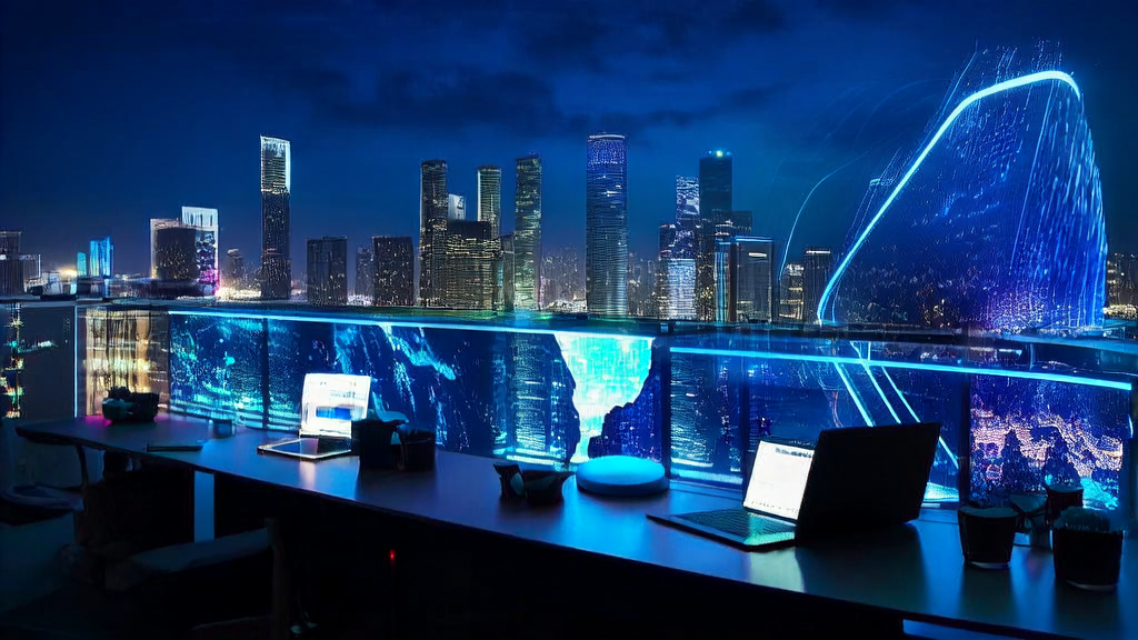 未来城市中的跨境电商业务员使用AI技术进行全球市场分析和营销