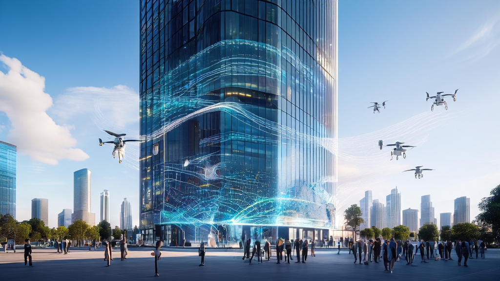 Business hub of a future city showcasing AI applications in cross-border e-commerce