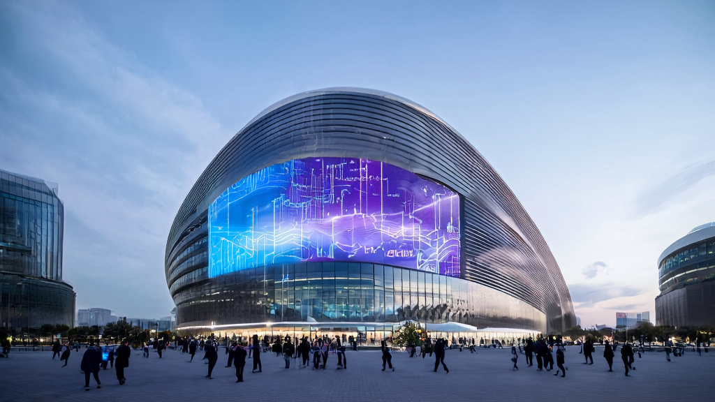 未来科技城市中的跨境电商大厦，展示AI技术和TRAE SOLO GA的功能