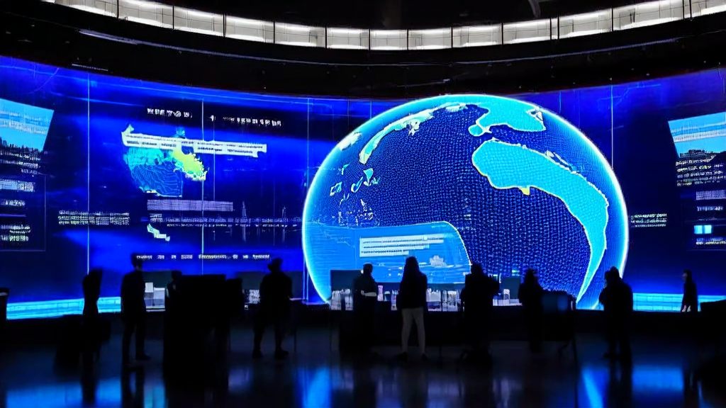 A futuristic cross-border e-commerce company using AI technology to overcome growth bottlenecks, showcasing the MuleRun 2.0 platform interface and global business success