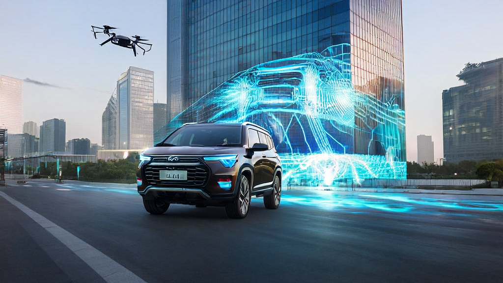 In a futuristic city, a cross-border e-commerce team uses AI technology to achieve efficient and low-cost customer acquisition, with the background of the Harrier Long SUV equipped with intelligent driving technology.
