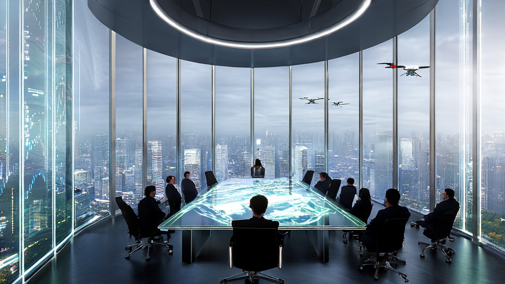 Cross-border e-commerce entrepreneurs in a future city are discussing AI technology applications, with global market data displayed on the table and unmanned aerial vehicles flying outside the window.