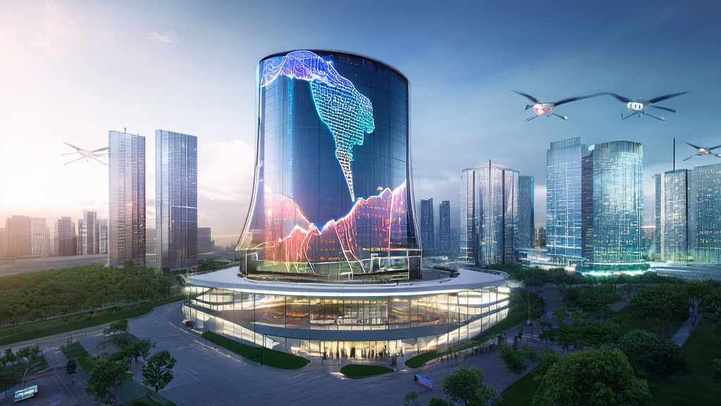 A cross-border e-commerce company in a futuristic city uses AI technology to optimize its operations, with modern skyscrapers and lush parks in the background, while an engineer confronts privacy concerns.