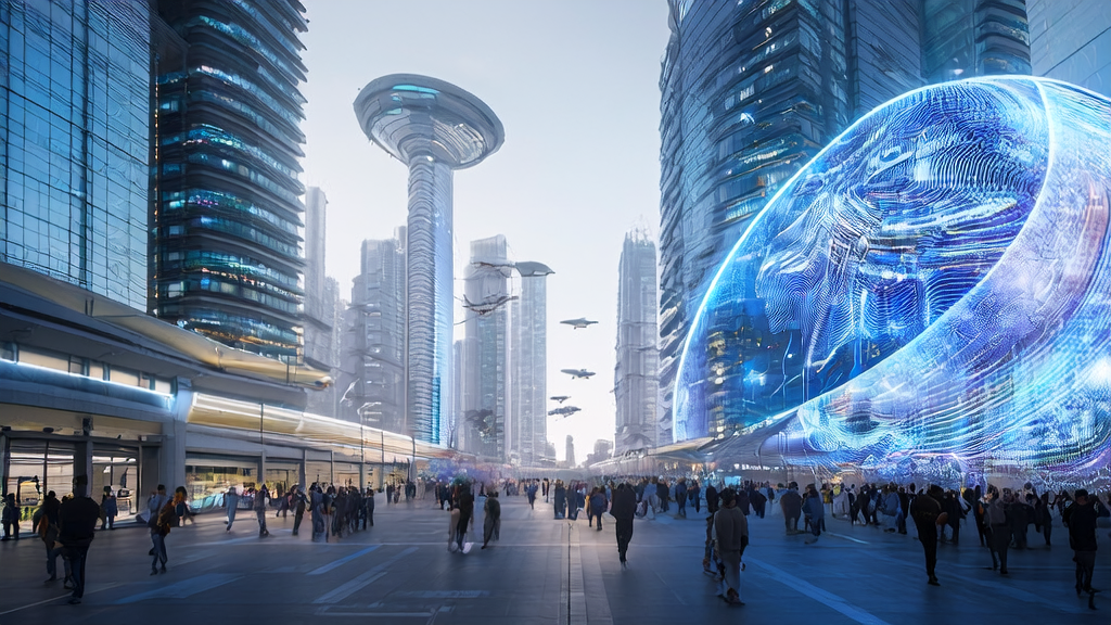 未来城市中展示2025年跨境电商利用AI优化海外市场七大增效策略的场景