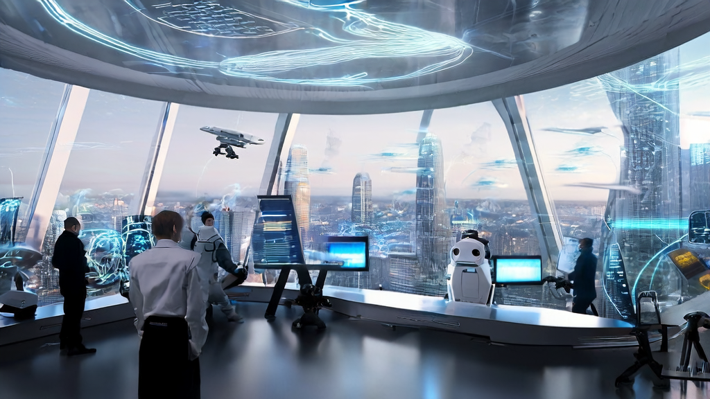 Future city cross-border e-commerce office showcasing the application of AI technology in international trade