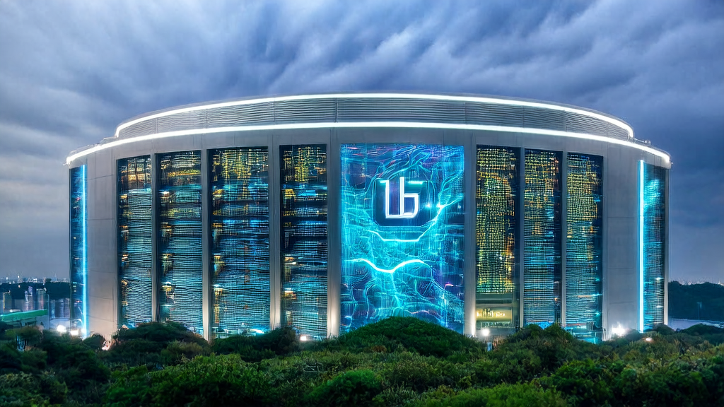 未来城市数据中心中的AI客户预测模型，展示复杂算法和客户数据流，背景为视觉中国标志及合作成果