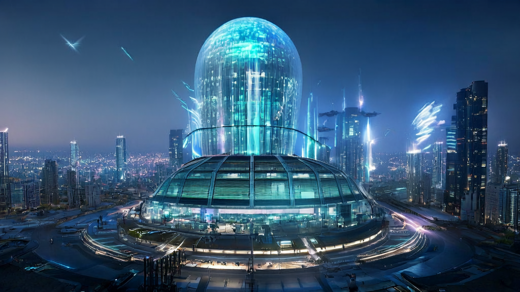 Data center in a futuristic city showcasing AI customer data collection and cleaning technology