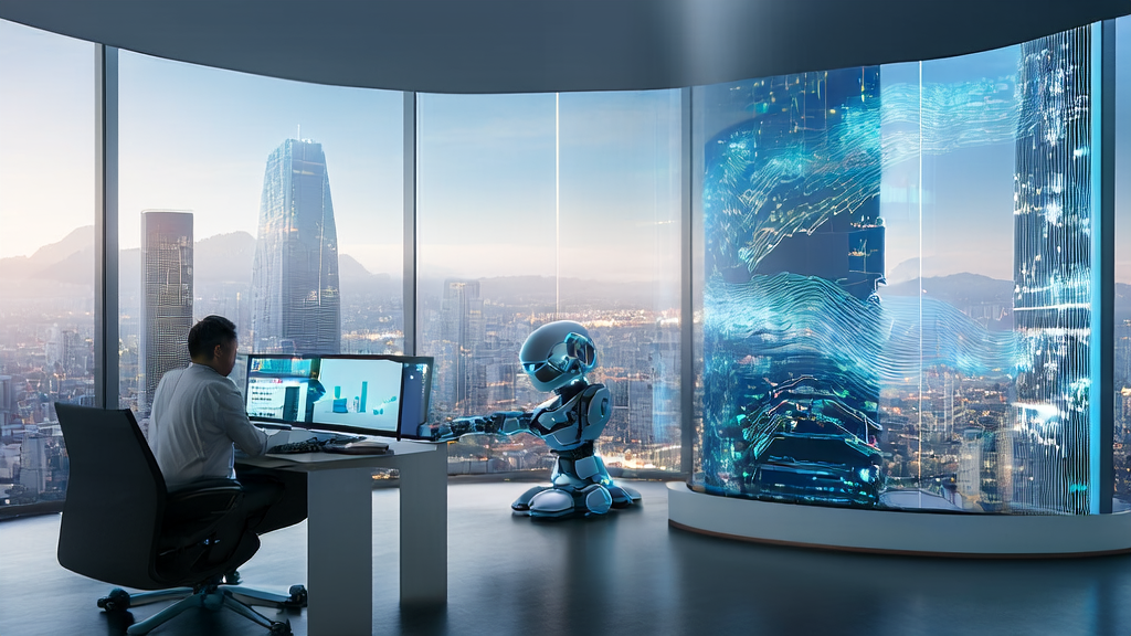 A data scientist in a futuristic city office monitors the multi-modal model dots.vlm1 processing customer data on a transparent screen