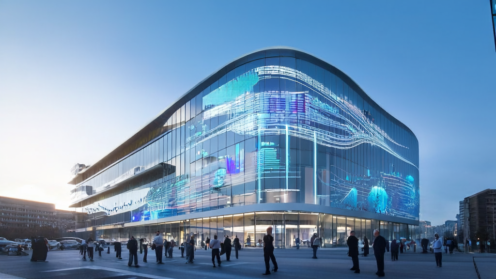 Data scientists discussing AI acquisition and Twitter data analysis in front of a futuristic office building.