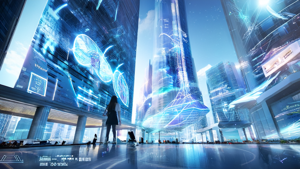 E-commerce hub in a future city with robots and an entrepreneur using AI tools to monitor marketing strategies
