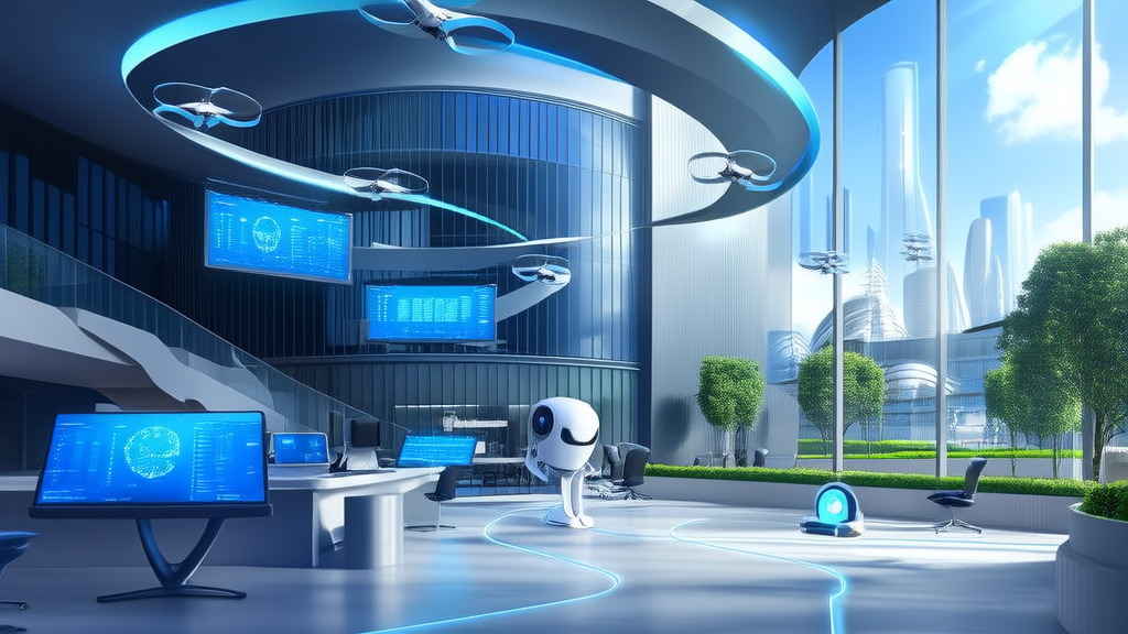 Eureka AI Agent platform operating efficiently in a futuristic city, analyzing Twitter data in real-time and providing attentive customer service by robots