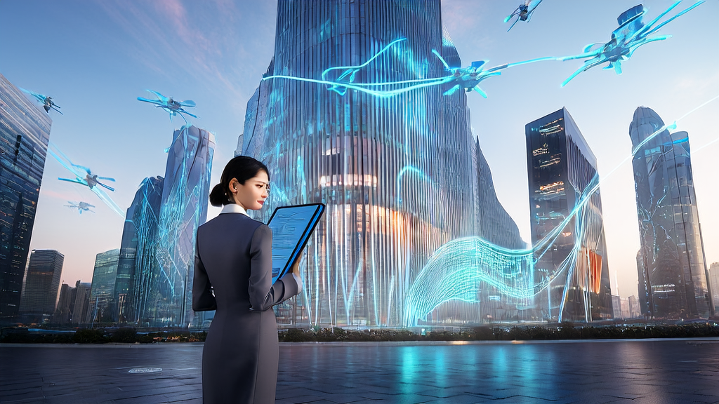 In front of skyscrapers in a futuristic city, a large screen showcasing the Grok4 logo and features symbolizes new customer acquisition channels driven by AI technology.