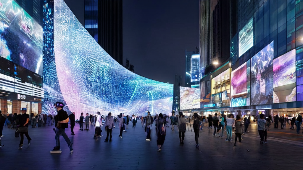 High-tech advertising screens in a futuristic city showcase AI-generated professional PPTs and stunning images, attracting passersby.