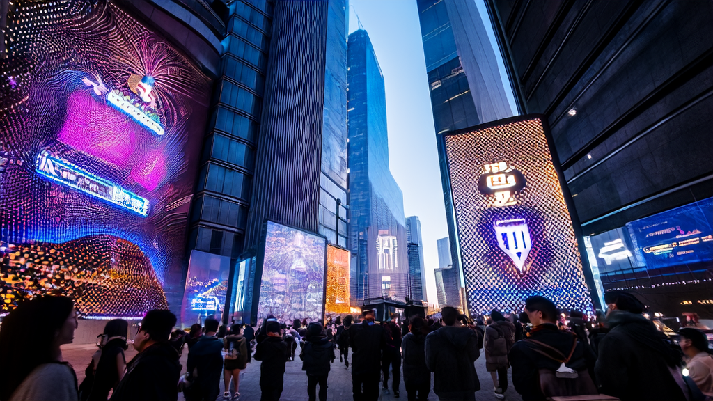 A scene in a future city with holographic ads and interactive robots showcasing real-time AI technology