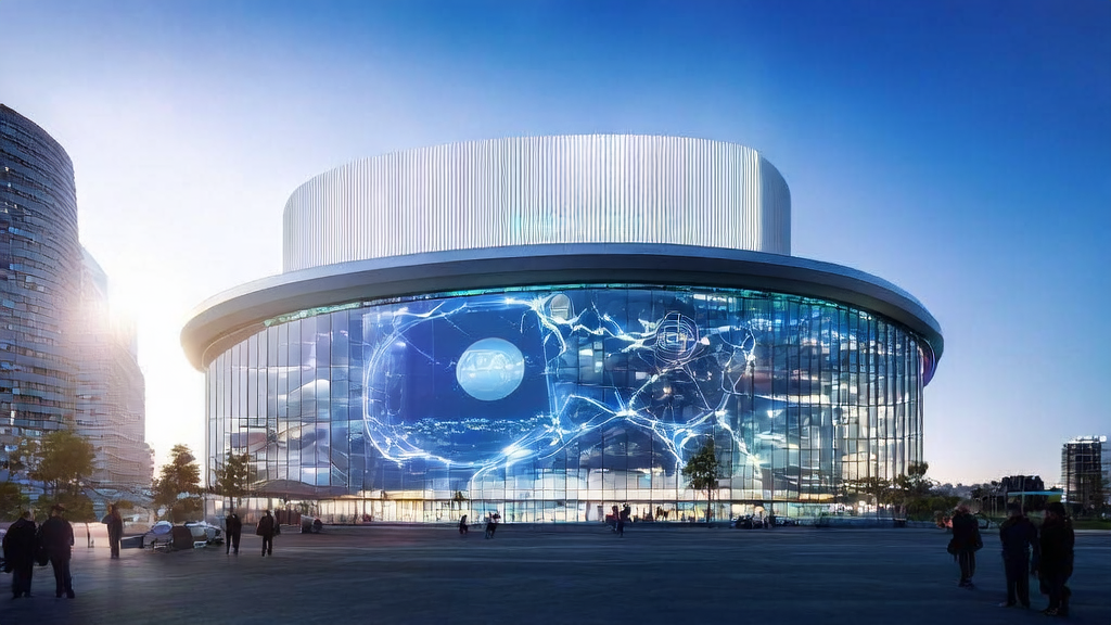 An independent site in a futuristic city utilizing AI technology for keyword optimization and content generation