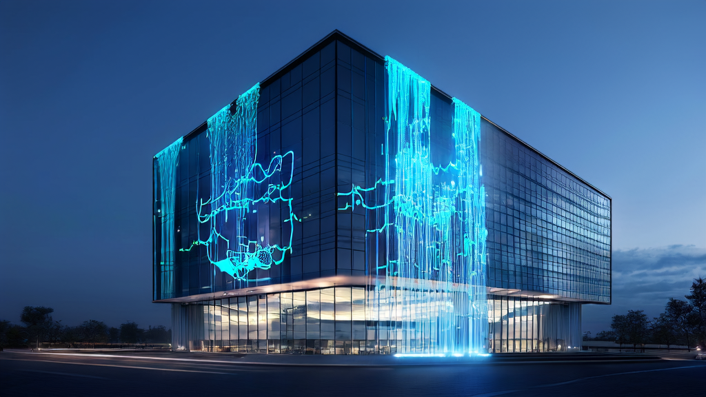 Modern independent site office in a futuristic city, showcasing AI keyword optimization and GEO SEO strategies