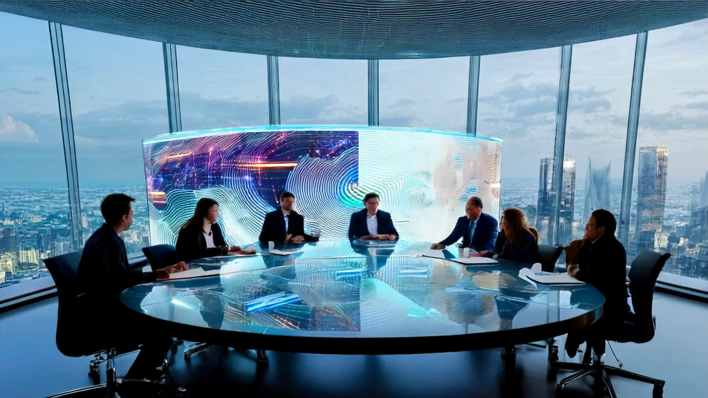 A futuristic city meeting room where entrepreneurs are discussing AI-driven customer acquisition solutions and showcasing the 2025 Global Unicorn 500 list.