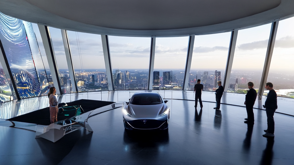 Discussion on AI marketing strategies in a futuristic city meeting room