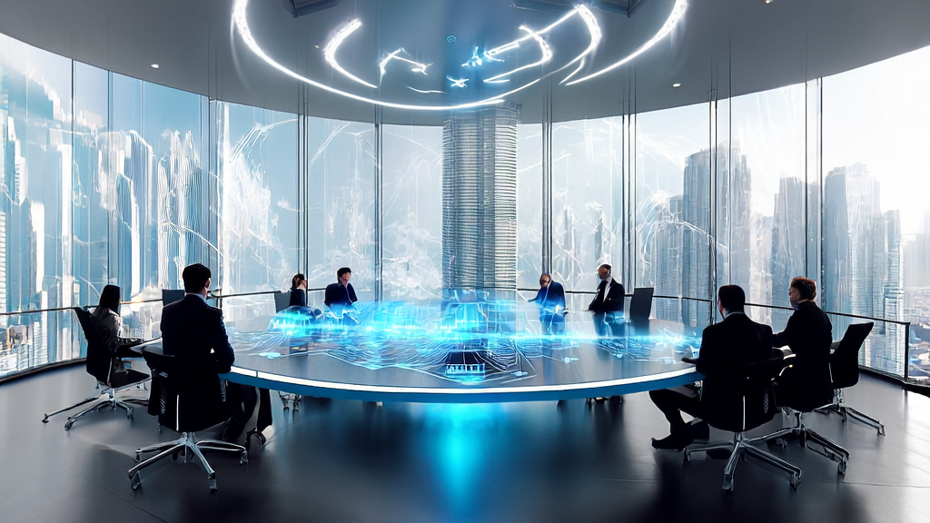 A futuristic city meeting room showcasing the latest AI model Starfire X1.5 by iFLYTEK and its optimized email marketing effects