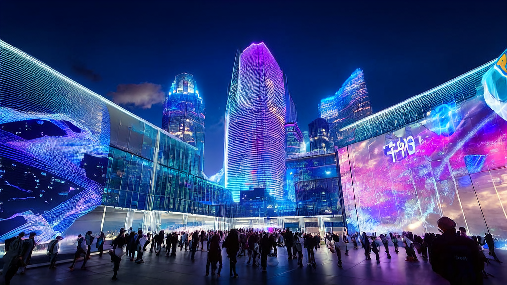 A night scene in a futuristic city where entrepreneurs are discussing 2025 cross-border e-commerce email automation tools, with a large screen displaying AI acquisition trends and a support robot nearby, while a huge billboard shows Qwen APP's sponsorship of Bilibili New Year's Eve gala.