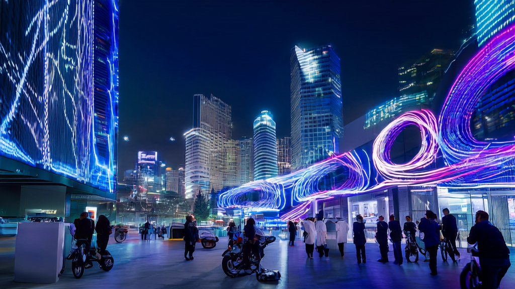 未来城市夜景中，跨境电商团队利用AI技术进行高效协作和数据分析，共同探讨增长策略。