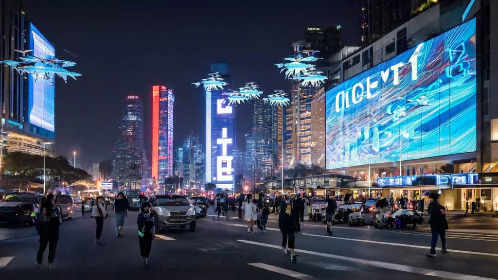 Night scene of a future city featuring AI and Generation Z interactions