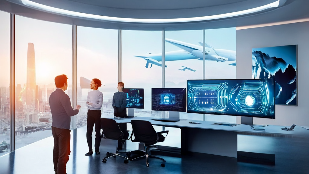 Professionals working with AI acquisition system in a future city office