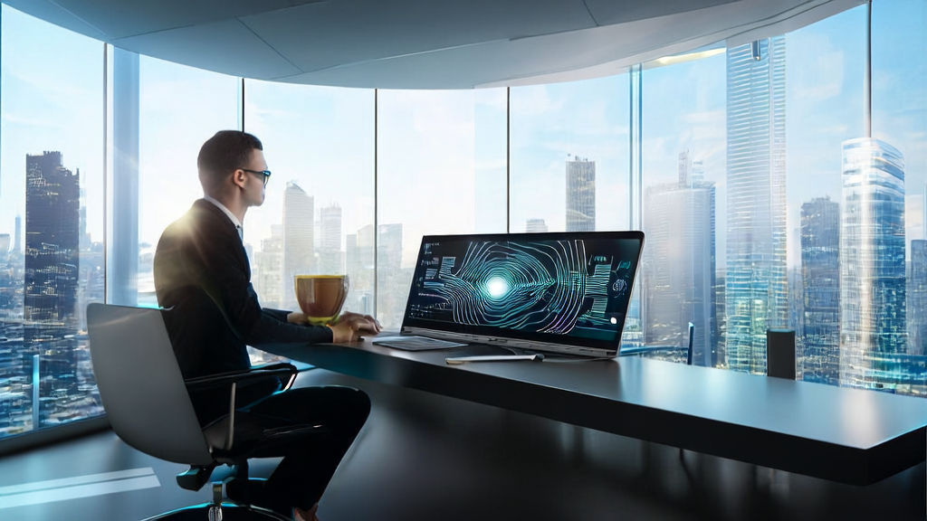 Marketing expert in a future city office using AI technology to optimize email subject lines