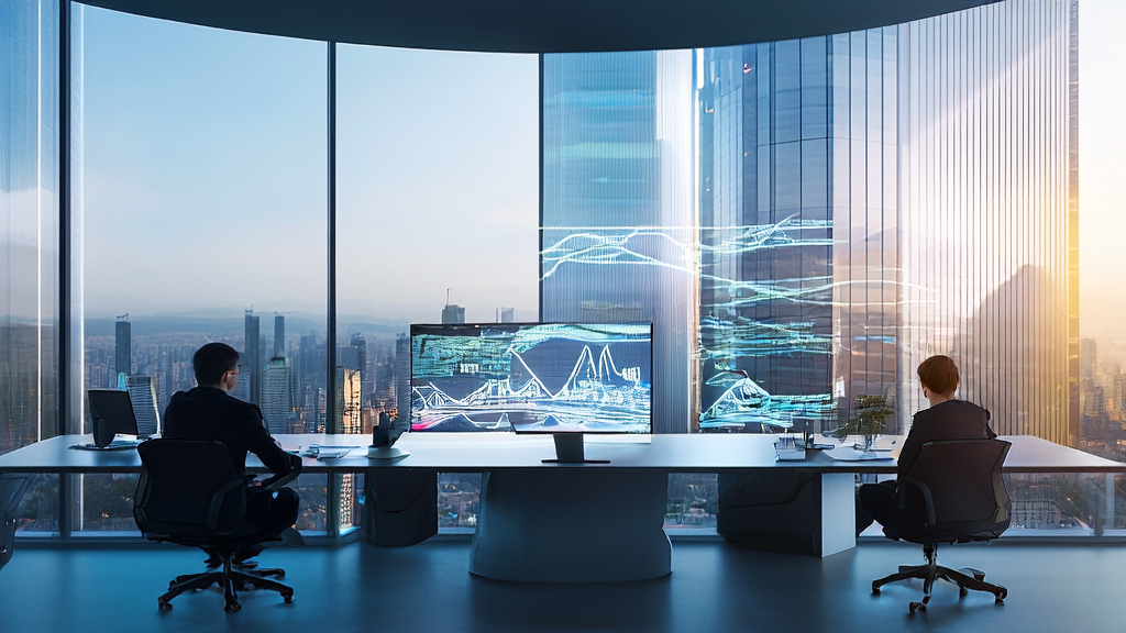 In a futuristic city office, a designer uses Figma AI image editing tools to create marketing materials for precise customer acquisition.