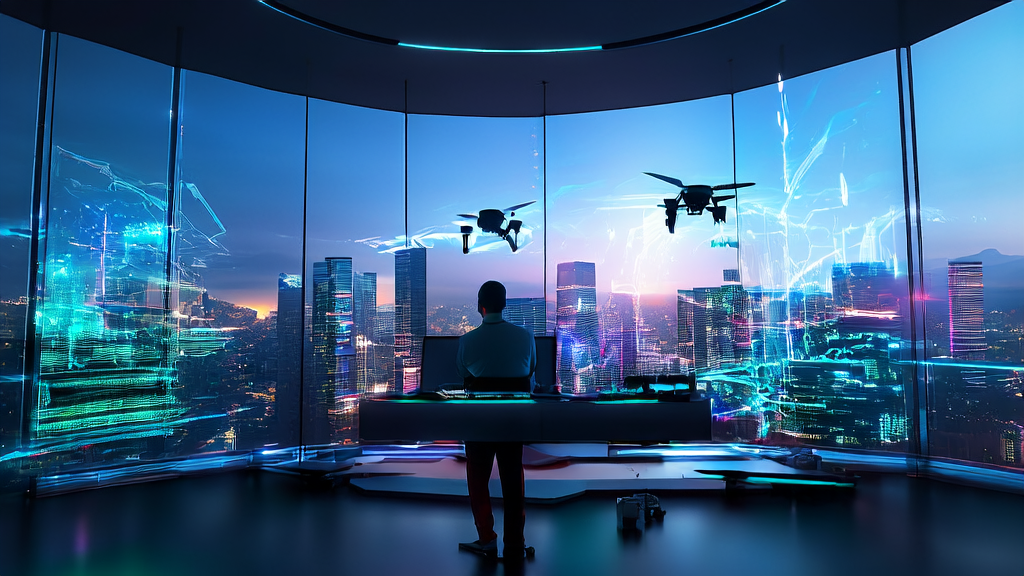 A futuristic city programmer's office showcasing the work environment of AI programming agent Codex