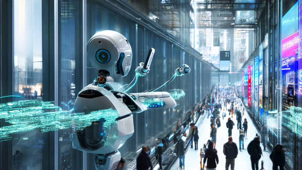 未来城市中的人形机器人G1-D正在优化广告投放，精准触达目标人群