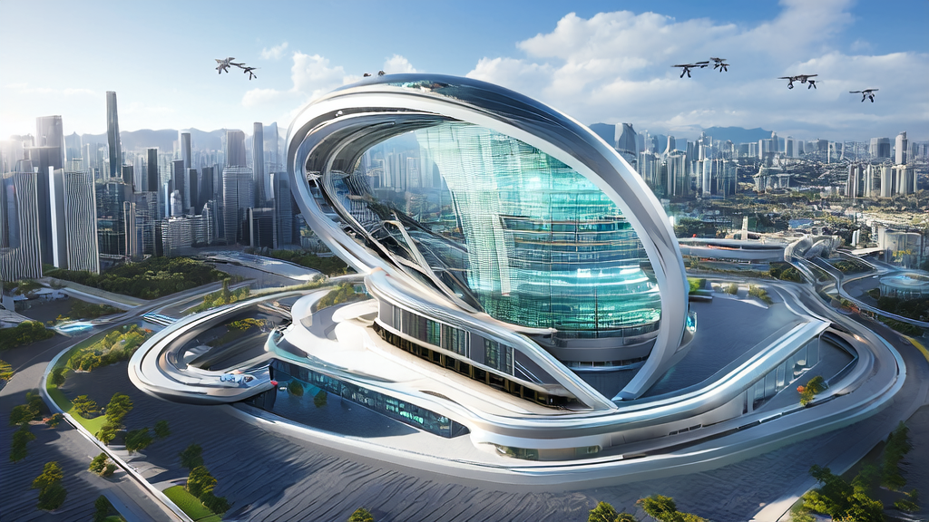 Independent office building in the future city skyline, showcasing AI innovations and transformations for independent sites in 2025