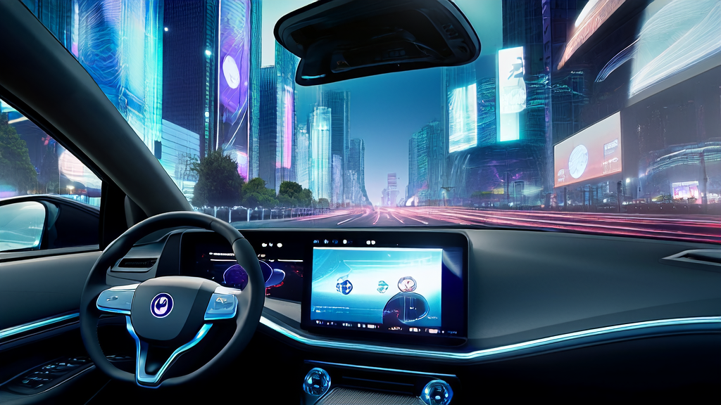 未来城市的智能驾驶场景，展示Apple CarPlay Ultra系统和AI智能获客的个性化推荐
