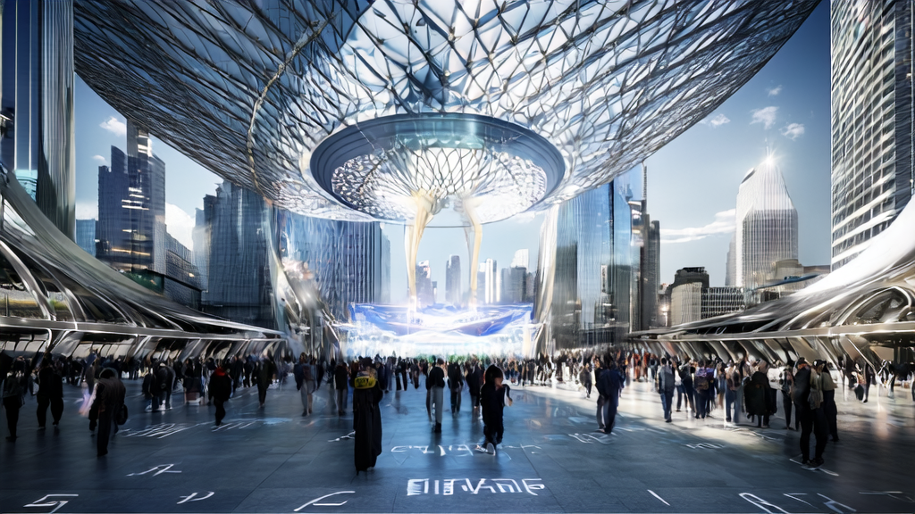未来城市中心广场上展示DINOv3模型的实时图像识别效果，吸引众人驻足观看