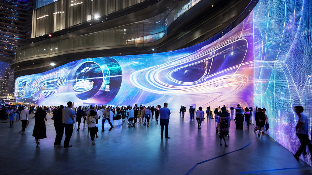 未来城市广场上的AI广告展示，用户通过手势与广告互动，周围是现代化的高楼大厦和无人驾驶汽车，展现了2025年AI获客新趋势。